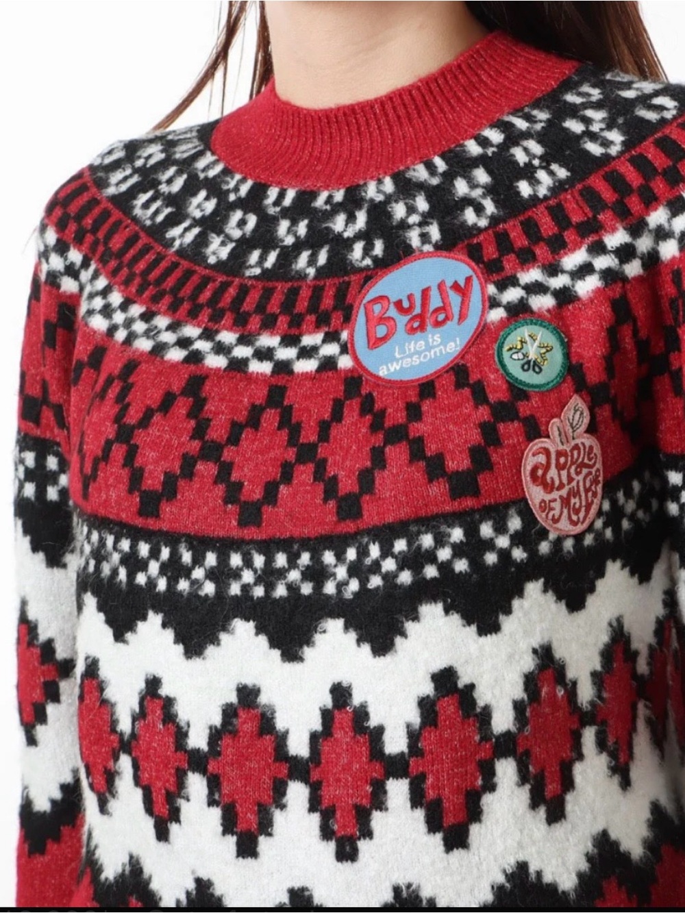 NWT - Desigual “Buddy” Pullover in Red & Black Fair Isle